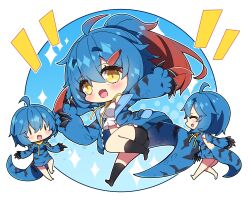 Rule 34 | 3girls, :d, absurdres, ahoge, ass, backless outfit, bare shoulders, barefoot, black buruma, black socks, blue hair, blue hoodie, blue jacket, blush, breasts, brown eyes, buruma, chibi, commentary request, drawstring, fang, gradient hair, hair between eyes, hair ornament, hairclip, halftone, halftone background, highres, hood, hood down, hoodie, jacket, medium breasts, milkpanda, monster hunter (series), multicolored hair, multiple girls, notice lines, open clothes, open jacket, open mouth, personification, ponytail, red hair, shirt, short eyebrows, smile, socks, sparkle, tail, thick eyebrows, white shirt, yellow eyes, | |