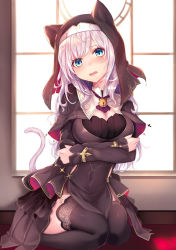 Rule 34 | 1girl, animal ears, animal hood, backlighting, bell, black dress, black thighhighs, blue eyes, blush, breasts, cat ears, cat hood, cat tail, commentary, covered navel, cross, crossed arms, dress, english commentary, frown, full body, haruka natsuki, head tilt, highres, hood, indoors, jewelry, jingle bell, layered dress, long hair, long sleeves, looking at viewer, medium breasts, medium dress, necklace, nun, open mouth, original, seiza, silver hair, sitting, slit pupils, solo, tail, thighhighs, wavy mouth, window