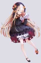 Rule 34 | 1girl, abigail williams (fate), artist name, black bow, black dress, black footwear, black hat, blonde hair, bloomers, blue eyes, bow, bug, butterfly, commentary request, dress, eyes visible through hair, fate/grand order, fate (series), forehead, full body, grey background, hair bow, hat, head tilt, highres, holding, holding stuffed toy, insect, long hair, long sleeves, looking at viewer, mary janes, orange bow, parted bangs, polka dot, polka dot bow, shoes, simple background, sleeves past wrists, solo, stuffed animal, stuffed toy, teddy bear, tonowa, underwear, very long hair, white bloomers