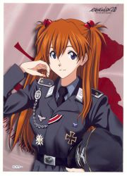 Rule 34 | 00s, 1girl, arm up, blue eyes, evangelion: 2.0 you can (not) advance, gradient background, hat, highres, long hair, military, military uniform, nazi, neon genesis evangelion, orange hair, rebuild of evangelion, smile, solo, souryuu asuka langley, swastika, uniform
