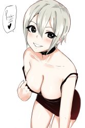 Rule 34 | 1girl, absurdres, bare shoulders, black dress, blush, breasts, cleavage, collarbone, downblouse, dress, eyes visible through hair, grin, happy, highres, idolmaster, idolmaster cinderella girls, medium breasts, no bra, norman maggot, presenting, pulled by self, self exposure, shiomi syuko, shirt, short dress, short hair, simple background, smile, solo, speech bubble, strap slip, white background