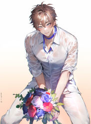 Rule 34 | 1boy, bishounen, bouquet, brown eyes, eiden (nu carnival), flower, highres, holding, holding bouquet, light brown hair, long sleeves, looking at viewer, male focus, neck ribbon, nu carnival, owner bird, pink flower, pink rose, purple flower, purple ribbon, purple rose, red flower, ribbon, rose, see-through, see-through shirt, shirt, short hair, solo, wet, wet clothes, wet shirt, white flower, white rose