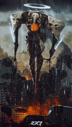 Rule 34 | 3d, absurdres, angel (evangelion), building, claws, cloud, commentary, concept art, energy, energy blade, english commentary, english text, grey sky, halo, highres, ikhimaz, kanji, looking at viewer, mecha, monster, neon genesis evangelion, no humans, realistic, robot, ruins, sachiel (evangelion), science fiction, sky, translation request, window