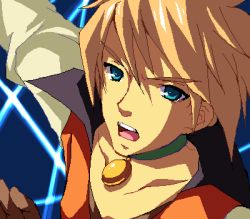 Rule 34 | 00s, 1boy, ahoge, blonde hair, blue eyes, choker, enoo, gloves, guy cecil, jaggy lines, lowres, male focus, messy hair, oekaki, open mouth, solo, tales of (series), tales of the abyss