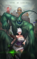 Rule 34 | 1girl, absurdres, bare shoulders, breasts, cleavage, glowing, glowing weapon, highres, large breasts, league of legends, lengyou, looking at viewer, monster boy, open mouth, red eyes, riven (league of legends), silver hair, slime boy, sword, weapon, wrist wrap, zac (league of legends)