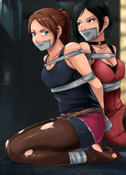 Rule 34 | 2girls, ada wong, annoyed, bike shorts, black hair, black tank top, blue eyes, bound, bound ankles, bound torso, bound wrists, breasts, brown eyes, brown hair, capcom, choker, claire redfield, dress, gag, gagged, highres, improvised gag, jewelry, legs, looking at another, lost one zero, multiple girls, necklace, pantyhose, red dress, resident evil, resident evil 2, seiza, shirt, shorts, sitting, sleeveless, sleeveless dress, sleeveless shirt, solo, tank top, tape, tape gag, thighs, torn clothes, torn pantyhose