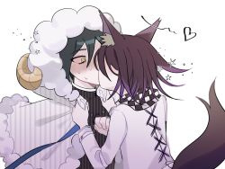 Rule 34 | 2boys, animal ears, black hair, blush, borrowed clothes, brown eyes, buttons, cape, checkered clothes, checkered scarf, danganronpa (series), danganronpa v3: killing harmony, double-breasted, fur-trimmed cape, fur trim, grey background, heart, highres, horns, jacket, kiss, looking at another, male focus, medium hair, multiple boys, oma kokichi, saihara shuichi, scarf, simple background, songpyeon (sssssong), star (symbol), striped cape, striped clothes, striped jacket, tail, unmoving pattern, white jacket, wolf ears, wolf tail, yaoi