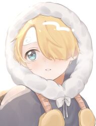 Rule 34 | 1boy, aged down, backpack, bag, blonde hair, blue eyes, blush, bow, child, coat, commentary, curly eyebrows, fur-trimmed coat, fur trim, grey coat, hair over one eye, highres, hood, hood up, lily-summer-0607, long bangs, looking to the side, male focus, mittens, one piece, open mouth, sanji (one piece), short hair, simple background, white background, white bow, winter clothes, winter coat, yellow mittens