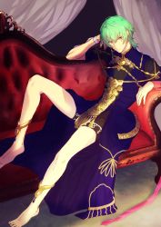 Rule 34 | 1boy, barefoot, braid, byleth (fire emblem), byleth (male) (fire emblem), cosplay, couch, fire emblem, fire emblem: three houses, green eyes, green hair, highres, multicolored hair, nintendo, sothis (fire emblem), sothis (fire emblem) (cosplay)