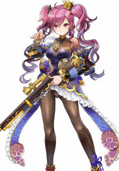 Rule 34 | 1girl, anklet, asymmetrical clothes, black pantyhose, closed mouth, cropped legs, crown, curly hair, detached sleeves, frills, gradient hair, gun, highres, himuro shunsuke, holding, holding gun, holding weapon, jewelry, long hair, looking at viewer, matsunaga hisahide (sengoku rumblade), mini crown, multicolored hair, official art, panties, panties under pantyhose, pantyhose, pink eyes, pink hair, purple hair, rifle, sengoku rumblade, simple background, skirt, smile, solo, twintails, underwear, weapon, white background, white skirt