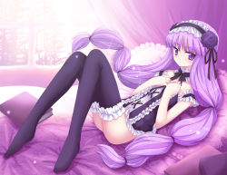 Rule 34 | 1girl, alternate costume, bed, black thighhighs, book, bottomless, female focus, flower, hair tie, hairband, hands on own chest, long hair, nanao yuki, no panties, patchouli knowledge, purple eyes, purple flower, purple hair, purple rose, rose, solo, thighhighs, touhou