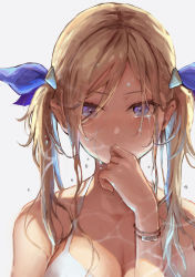 Rule 34 | 1girl, blonde hair, blue eyes, bracelet, breasts, covered mouth, crying, crying with eyes open, grey background, hair between eyes, hair ornament, highres, jewelry, long hair, looking at viewer, okuma mai, original, ribbon, simple background, solo, summer, tears, twintails, wet, wet hair