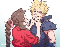 Rule 34 | 1boy, 1girl, aerith gainsborough, aqua eyes, armor, artist name, bandaged arm, bandages, blonde hair, blue shirt, blush, braid, braided ponytail, brown hair, buster sword, closed eyes, cloud strife, cropped jacket, earrings, final fantasy, final fantasy vii, final fantasy vii rebirth, final fantasy vii remake, furrowed brow, gradient background, grin, hair ribbon, hands on another&#039;s cheeks, hands on another&#039;s face, highres, jacket, jewelry, long hair, looking at another, noinoichebura, parted bangs, parted lips, pink ribbon, red jacket, ribbon, shirt, short hair, short sleeves, shoulder armor, sidelocks, single bare shoulder, single braid, single earring, single shoulder pad, sleeveless, sleeveless turtleneck, smile, spiked hair, suspenders, sweatdrop, teeth, turtleneck, twitter username, upper body, weapon, weapon on back