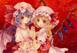 Rule 34 | 2girls, bat wings, blonde hair, blue hair, bow, flandre scarlet, hat, hat bow, holding hands, md5 mismatch, multiple girls, painting (medium), red eyes, remilia scarlet, resolution mismatch, shiroma (mamiko), siblings, sisters, source larger, touhou, traditional media, watercolor (medium), wings, wrist cuffs