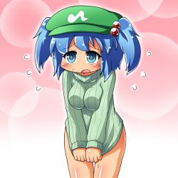 Rule 34 | 1girl, alternate costume, blue eyes, blush, bottomless, breasts, clothes tug, covering privates, covering crotch, embarrassed, female focus, green shirt, hair bobbles, hair ornament, hat, jinnouchi akira, kawashiro nitori, naked sweater, no pants, ribbed sweater, shirt, short hair, simple background, solo, sweater, sweater tug, touhou, twintails, two side up
