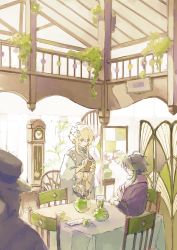 Rule 34 | 1boy, 1girl, 1other, black hair, blonde hair, blue kimono, bow, chair, clock, closed mouth, commentary, cup, cutlery, drinking glass, facing another, flower, folding screen, genshin impact, grandfather clock, green hair, green tea, hair flower, hair ornament, haori, highres, holding, holding notepad, holding pencil, indoors, jacket, japanese clothes, kimono, looking at another, lumine (genshin impact), maid, multicolored hair, n.s.egg, notepad, pencil, purple jacket, purple scarf, restaurant, sash, sash bow, scarf, sitting, smile, streaked hair, sunlight, symbol-only commentary, tablecloth, tea, teapot, wa maid, waitress, white bow, white flower, white sash, xiao (genshin impact), yellow eyes