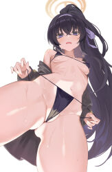 Rule 34 | 1girl, absurdres, bare shoulders, bikini, black bikini, black hair, blue archive, blue eyes, blush, breasts, cameltoe, gluteal fold, grey sweater, hairband, halo, highres, kakumayu, long hair, long sleeves, looking at viewer, micro bikini, navel, official alternate costume, open clothes, open mouth, ponytail, sidelocks, simple background, small breasts, solo, stomach, sweater, swimsuit, thighs, ui (blue archive), ui (swimsuit) (blue archive), underboob, very long hair, white background