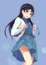 Rule 34 | 10s, 1girl, :o, bare legs, belt, black hair, blue background, blue dress, blush, brown eyes, cardigan, dress, long hair, long sleeves, looking at viewer, love live!, love live! school idol festival, love live! school idol project, open cardigan, open clothes, open mouth, sasamori tomoe, simple background, solo, sonoda umi, surprised, tears, thighs