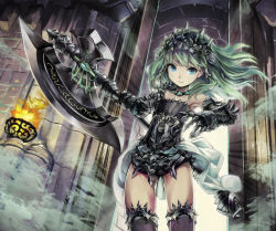 Rule 34 | 1girl, armor, axe, bare shoulders, battle axe, black thighhighs, blue eyes, bodysuit, elbow gloves, fire, gloves, green hair, hair ornament, hair tubes, jewelry, long hair, looking at viewer, metal gloves, necklace, open door, original, solo, thighhighs, weapon, yoshimo (yoshimo1516), zettai ryouiki