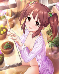 Rule 34 | 1girl, bottomless, breasts, brown eyes, brown hair, casual peeing, chair, happy peeing, idolmaster, idolmaster cinderella girls, looking at viewer, nipples, nude, nude filter, ogata chieri, peeing, peeing self, public indecency, puddle, purposeful wetting, pussy, small breasts, smile, solo, squatting, third-party edit, twintails, uncensored