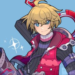 Rule 34 | 1boy, armor, artist request, blonde hair, blue eyes, highres, holding, looking at viewer, male focus, monado, short hair, shulk (xenoblade), simple background, smile, solo, sword, vest, weapon, xenoblade chronicles (series), xenoblade chronicles 1
