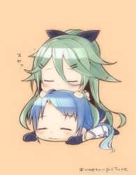 Rule 34 | 2girls, :3, blue hair, chibi, closed eyes, commentary request, flying sweatdrops, girl on top, gloves, gradient hair, green hair, hair ornament, hair ribbon, hairclip, kantai collection, long hair, lying, mae (maesanpicture), multicolored hair, multiple girls, numbered, on stomach, orange background, ribbon, samidare (kancolle), simple background, skirt, sleeping, swept bangs, thighhighs, twitter username, yamakaze (kancolle)