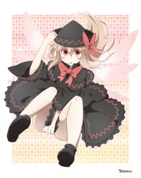 Rule 34 | 1girl, :o, blush, bow, brown hair, capelet, covering privates, covering crotch, dress, female focus, hand on headwear, hat, hat bow, highres, lily black, lily white, long hair, red eyes, signature, solo, touhou, wings, yutamaro