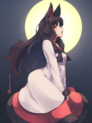 Rule 34 | 1girl, animal ears, breasts, brown hair, dress, frilled sleeves, frills, from side, full moon, imaizumi kagerou, kuromiya, long hair, long sleeves, moon, one-hour drawing challenge, open mouth, profile, red eyes, red skirt, skirt, sleeves past wrists, small breasts, solo, touhou, twitter username, very long hair, white dress, wolf ears