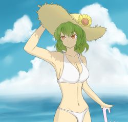 Rule 34 | 1girl, arm at side, arm up, armpits, bare shoulders, beach, bikini, breasts, closed umbrella, cloud, day, female focus, flower, green hair, hat, holding, holding clothes, holding hat, kazami yuuka, large breasts, looking away, ocean, outdoors, planted, planted umbrella, red eyes, sketch, sky, solo, stomach, straw hat, sunflower, swimsuit, touhou, tsutsunuke, umbrella, umbrella stand, white bikini