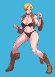 Rule 34 | 1girl, absurdres, black bra, black choker, black shorts, blonde hair, blue background, blue eyes, boots, bra, breasts, brown footwear, brown sleeves, brown vest, capcom, choker, cirenk, clenched hands, commission, cosplay, cowboy boots, cross-laced slit, dead or alive, dead or alive 2, detached sleeves, final fight, final fight tough, frills, full body, highres, large breasts, linea alba, lips, lucia morgan, navel, open clothes, open vest, short hair, short shorts, shorts, sleeveless, solo, strapless, strapless bra, street fighter, street fighter v, tecmo, thighs, tina armstrong, tina armstrong (cosplay), toned, underwear, very short hair, vest, w arms, wrestling outfit