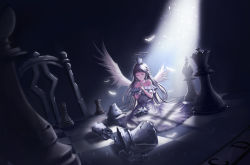 Rule 34 | 1girl, absurdres, angel, angel wings, bad id, bad pixiv id, bandages, bishop (chess), board game, broken, broken halo, chair, checkered floor, chess, chess piece, closed eyes, cracked skin, crying, dress, feathers, halo, highres, king (chess), l4timeria, long hair, original, pawn (chess), queen (chess), rook (chess), white dress, white hair, wings