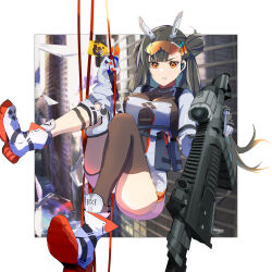 Rule 34 | 1girl, absurdres, ammunition pouch, brown hair, colored shoe soles, earpiece, girls&#039; frontline, girls&#039; frontline 2: exilium, gun, hair ornament, highres, holding, holding gun, holding weapon, horns, knee pads, knees together feet apart, knife sheath, mechanical horns, orange eyes, pouch, qbz-191, qbz-191 (girls&#039; frontline), reraise, rope, safety glasses, sheath, single knee pad, single thighhigh, thighhighs, weapon