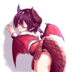 Rule 34 | 1girl, blush, clothes lift, dragon horns, dragon tail, dragon wings, granblue fantasy, grea (shingeki no bahamut), hair between eyes, hand up, highres, horns, koko (hm142533), leaning forward, looking at viewer, one eye closed, pointy ears, purple hair, red eyes, red skirt, shingeki no bahamut, short hair, simple background, skirt, skirt lift, solo, standing, tail, wings