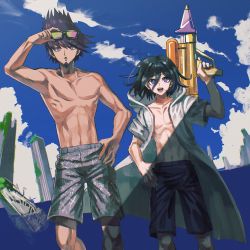 Rule 34 | 2boys, :d, black hair, black male swimwear, blue male swimwear, blue swim trunks, collarbone, danganronpa (series), danganronpa s: ultimate summer camp, danganronpa v3: killing harmony, day, eyewear on head, feet out of frame, hair up, hand on own hip, highres, holding, holding water gun, jacket, male focus, male swimwear, momota kaito, multiple boys, navel, ocean, official alternate costume, open clothes, open jacket, open mouth, oma kokichi, outdoors, pink hair, print male swimwear, print swim trunks, smile, sunglasses, swim trunks, swimsuit, teeth, topless male, upper teeth only, visket53, water gun