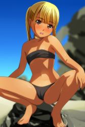 Rule 34 | 1girl, :d, absurdres, bandeau, bare arms, bare legs, bare shoulders, barefoot, bikini, blonde hair, blue sky, blurry, blurry background, blush, brown eyes, collarbone, day, depth of field, highres, long hair, looking at viewer, matsunaga kouyou, navel, nose blush, open mouth, original, outdoors, sidelocks, sky, smile, solo, spread legs, squatting, strapless, strapless bikini, swimsuit, teeth, tiptoes, twintails, upper teeth only