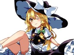 Rule 34 | 1girl, ;), blonde hair, bloomers, blush, commentary, hat, kirisame marisa, legs, long hair, looking at viewer, one eye closed, open mouth, puffy short sleeves, puffy sleeves, short sleeves, sitting, skirt, smile, solo, touhou, underwear, very long hair, vest, witch hat, yellow eyes, yururi nano
