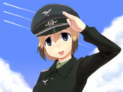 Rule 34 | 00s, 1girl, blonde hair, blue eyes, cloud, day, erica hartmann, female focus, hat, military, military uniform, multicolored hair, outdoors, papa (shimeguru), peaked cap, salute, short hair, sky, solo, strike witches, two-tone hair, uniform, world witches series