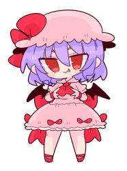 Rule 34 | 1girl, ascot, back bow, bat wings, blush, blush stickers, bow, chibi, closed mouth, collared dress, commentary request, dress, fang, full body, gem, hair between eyes, hands up, hat, hat bow, highres, jewelry, looking at viewer, mob cap, op na yarou, pink dress, pink hat, pointy ears, puffy short sleeves, puffy sleeves, purple hair, red ascot, red bow, red eyes, red footwear, red gemstone, remilia scarlet, shoes, short hair, short sleeves, simple background, smile, solo, standing, touhou, v-shaped eyebrows, white background, wings, wristband