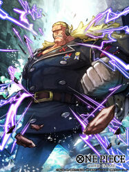 Rule 34 | 1boy, belt, blonde hair, clenched hand, clenched teeth, commentary request, copyright name, cowboy shot, douglas bullet, electricity, from below, gloves, headphones, jacket, long hair, looking ahead, male focus, medal, nijihayashi, official art, one piece, one piece: stampede, one piece card game, pebble, scar, solo, teeth