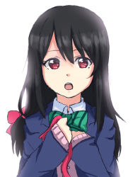 Rule 34 | 10s, 1girl, :o, alternate hairstyle, black hair, long hair, looking at viewer, love live!, love live! school idol project, open mouth, red eyes, ribbon, school uniform, simple background, solo, white background, yazawa nico