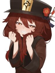 Rule 34 | 1girl, black hat, blush, brown eyes, brown hair, commentary, eyelashes, female focus, flasso, flower, genshin impact, grin, hair between eyes, half-closed eyes, hands up, hat, hat flower, highres, holding, holding hair, hu tao (genshin impact), long hair, long sleeves, looking at viewer, red flower, simple background, smile, solo, tsurime, twintails, upper body, white background, wide sleeves