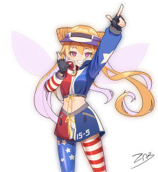 Rule 34 | 1girl, alternate costume, american flag, blonde hair, clownpiece, fairy, fairy wings, fingerless gloves, gloves, long hair, pantyhose, pink eyes, simple background, solo, touhou, twintails, very long hair, wings, z.o.b