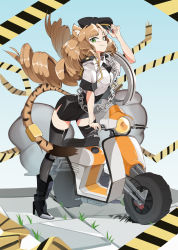 Rule 34 | 1girl, absurdres, animal ears, arknights, black footwear, black headwear, black skirt, boots, brown hair, chain, commentary, cuffs, drill hair, english commentary, fang, floating hair, green eyes, grey shirt, handcuffs, high-waist skirt, high heel boots, high heels, highres, juicycloney, leaning forward, oversized object, police, police uniform, policewoman, shirt, shirt tucked in, skin fang, skirt, smile, solo, swire (arknights), tail, thighhighs, tiger ears, tiger girl, tiger tail, uniform