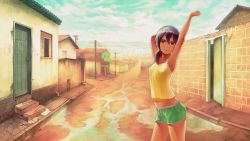 Rule 34 | 1girl, :o, arm behind head, armpits, arms up, bare arms, bare shoulders, black hair, blue sky, breasts, brick wall, camisole, cityscape, cloud, cloudy sky, collarbone, commentary, dark-skinned female, dark skin, day, door, green shorts, hair between eyes, highres, house, long hair, low ponytail, midriff, navel, open door, original, outdoors, parted lips, red eyes, road, short shorts, shorts, sky, small breasts, solo, standing, street, stretching, window, yellow camisole, yoka1chi