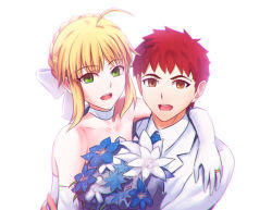 Rule 34 | 1boy, 1girl, :d, ahoge, alternate costume, arm around neck, artoria pendragon (all), artoria pendragon (fate), blue neckwear, bow, braid, braided bun, brown eyes, choker, couple, dress, elbow gloves, emiya shirou, fate/stay night, fate (series), fateline alpha, formal, gloves, green eyes, hair bow, hair bun, jacket, jewelry, looking at viewer, necktie, official alternate costume, open mouth, red hair, ribbon, ribbon choker, ring, saber (fate), saber (royal dress) (fate), sidelocks, simple background, smile, spiked hair, strapless, strapless dress, wedding dress, wedding ring, white background, white bow, white dress, white gloves, white jacket, white ribbon