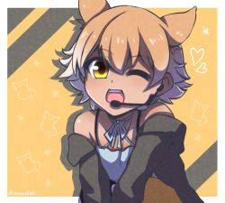 Rule 34 | animal ears, black jacket, blonde hair, coyote, coyote (kemono friends), wolf ears, wolf tail, gloves, highres, hikarikmy, jacket, kemono friends, kemono friends v project, necktie, shirt, shoes, short hair, skirt, smile, tail, virtual youtuber, white shirt, yellow eyes, yellow gloves