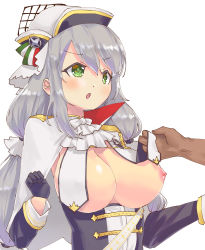 Rule 34 | 1girl, :o, aquila (azur lane), ascot, azur lane, bad anatomy, bad id, bad pixiv id, black gloves, black sleeves, blush, braid, breast curtains, breasts, capelet, cleavage, commentary request, detached sleeves, gloves, green eyes, hair between eyes, hat, henshitai (user cuvp2733), highres, large breasts, lifting another&#039;s clothes, long hair, looking at another, nipples, sidelocks, silver hair, simple background, standing, upper body, very long hair, white ascot, white background, white capelet, white headwear