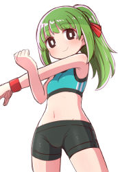 Rule 34 | 1girl, bare arms, bare shoulders, bike shorts, black eyes, black shorts, blush, breasts, closed mouth, commentary request, cowboy shot, dohna dohna issho ni warui koto o shiyou, female focus, green hair, groin, hair ribbon, highres, long hair, looking at viewer, mob (dohna dohna), naga u, navel, ponytail, red ribbon, ribbon, short shorts, shorts, simple background, small breasts, smile, solo, sports bra, standing, stretching, white background