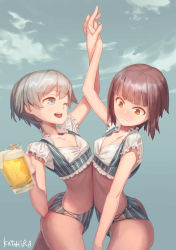 Rule 34 | 10s, 2girls, adapted costume, alcohol, arm up, artist name, ass, beer, beer mug, blue eyes, blush, breasts, brown eyes, brown hair, cloud, commentary request, cowboy shot, crop top, cup, day, dirndl, embarrassed, flat chest, german clothes, holding hands, highres, holding, holding cup, interlocked fingers, kantai collection, katahira (hiyama), mug, multiple girls, navel, oktoberfest, one eye closed, open mouth, short hair, short shorts, shorts, silver hair, smile, standing, z1 leberecht maass (kancolle), z3 max schultz (kancolle)