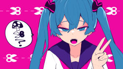Rule 34 | 1girl, blue eyes, blue hair, bow, cosmo (bousoup), double-parted bangs, eyelashes, fangs, hair between eyes, hair bow, hand up, hatsune miku, kinoko ga haeteru!! (vocaloid), long hair, looking at viewer, mushroom, neckerchief, open mouth, portrait, purple background, purple bow, purple neckerchief, purple sailor collar, sailor collar, sailor shirt, scissors, shirt, slit pupils, solo, speech bubble, straight-on, teeth, twintails, upper teeth only, v, vocaloid, white shirt